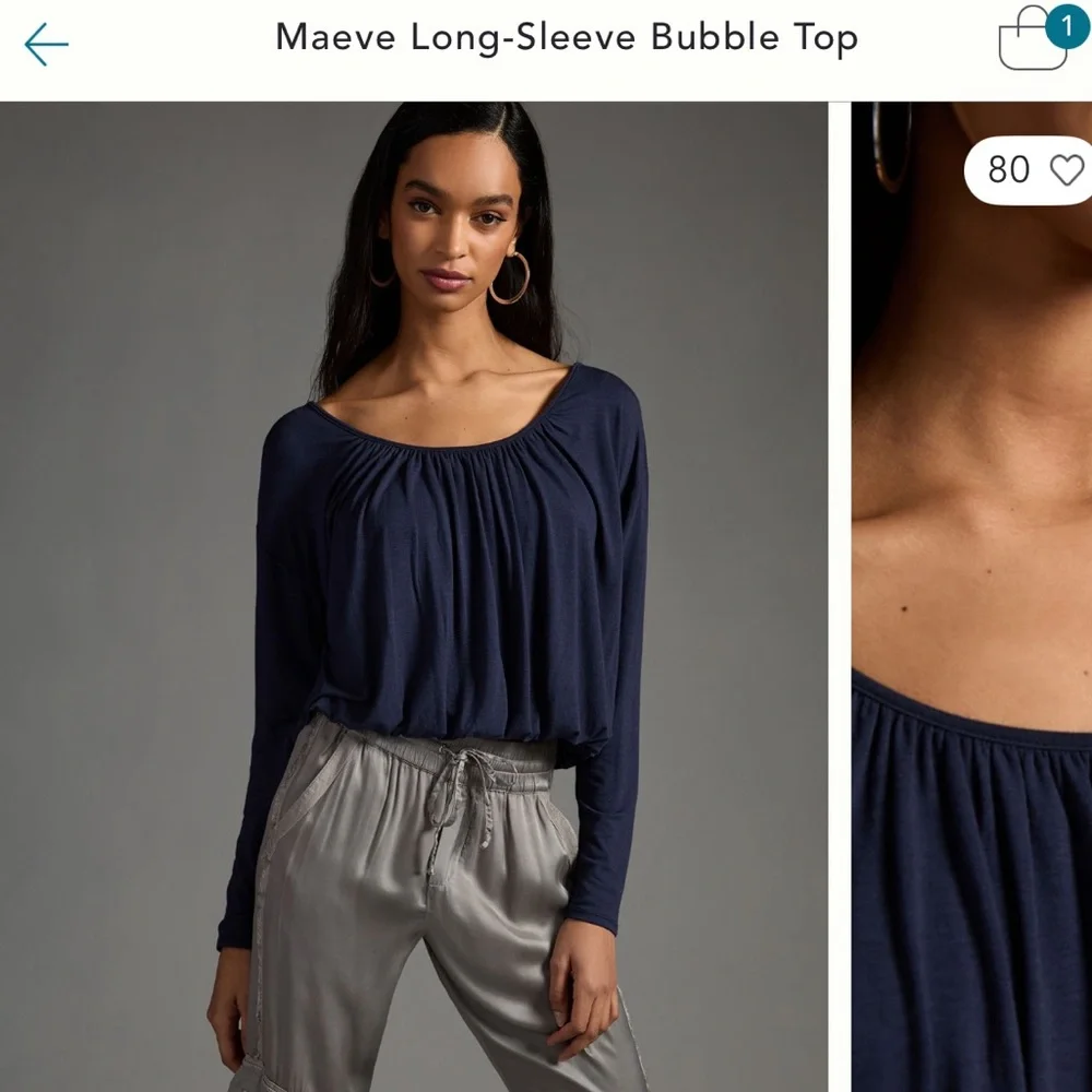 Anthropologie Maeve Long-Sleeve Bubble Top in Navy Blue - Picture 3 of 4